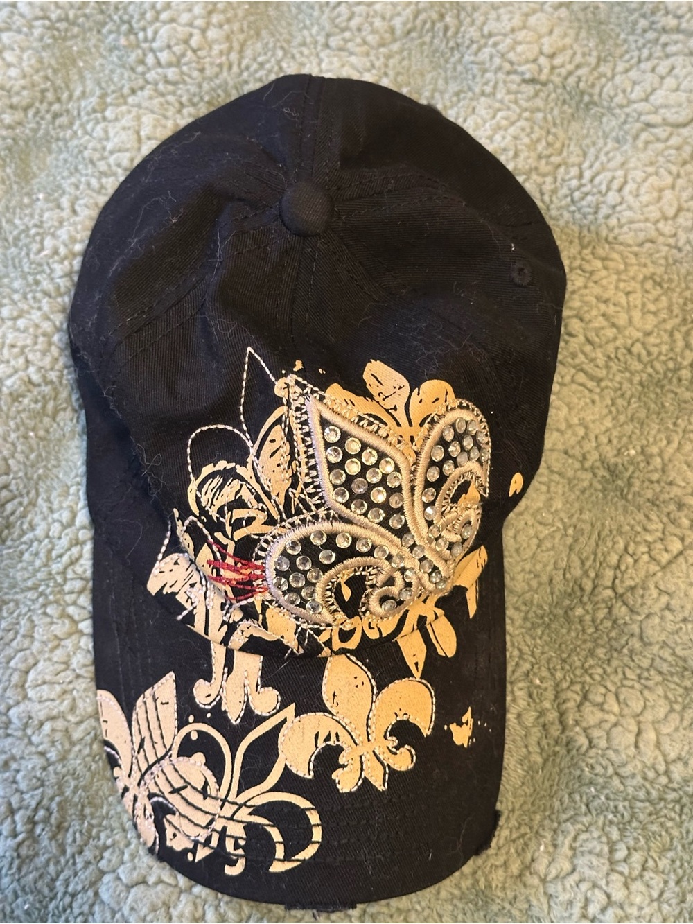 New Orleans Black Embellished Fleur-de-Lis Cap with Crystal Accent